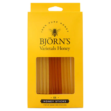 Bjorn’s Colorado Honey Sticks 12 count pack, raw wildflower honey sticks with floral varietals for tea, energy boost, and on-the-go snacking